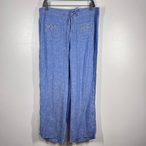 INC‎ International Concepts Linen Pants Embellished Drawstring Blue Size 12 - Picture 1 of 8